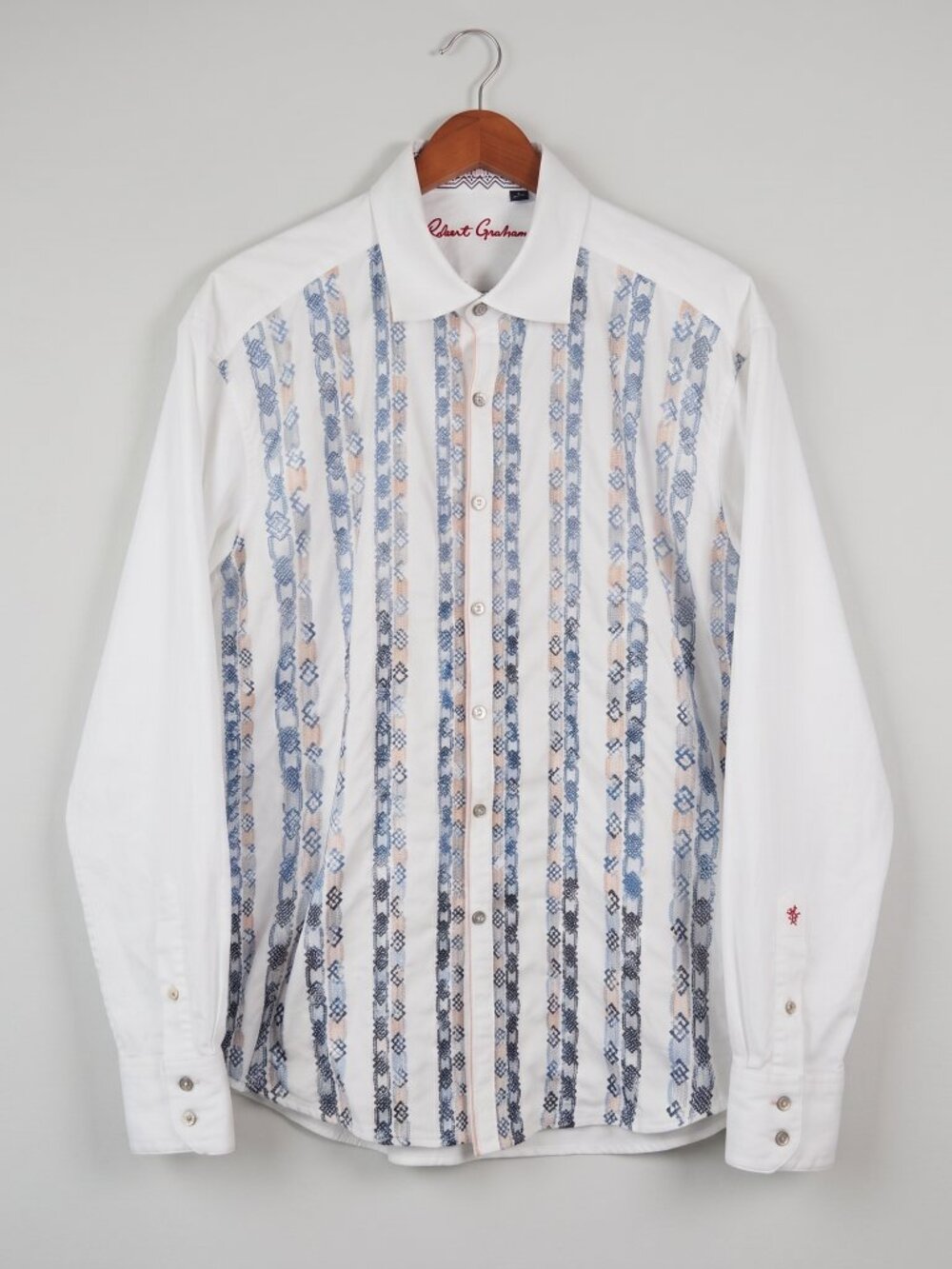 Robert Graham White Blue Geometric Chain Stripe Button Down Shirt 2XL